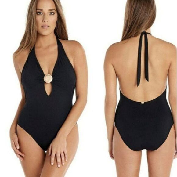 NWT Amoressa Laura Mars Bianca Plunging V-Neck Halter One-Piece Swimsuit - Picture 5 of 14